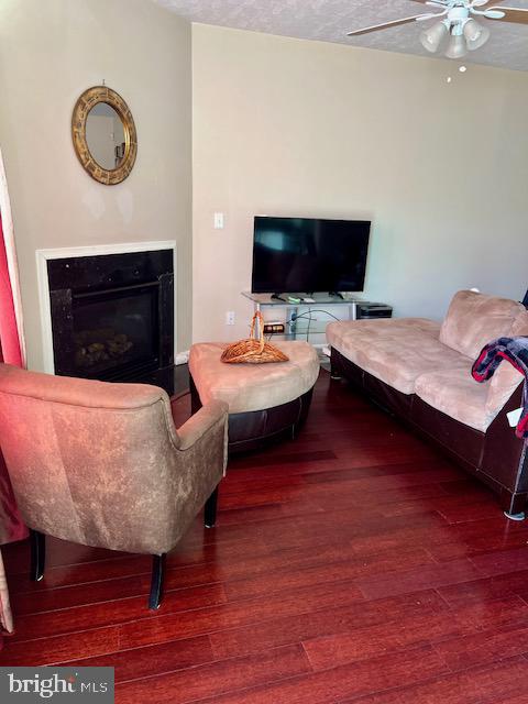 living room with ceiling fan and hardwood / wood-style flooring