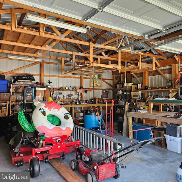 garage with a workshop area