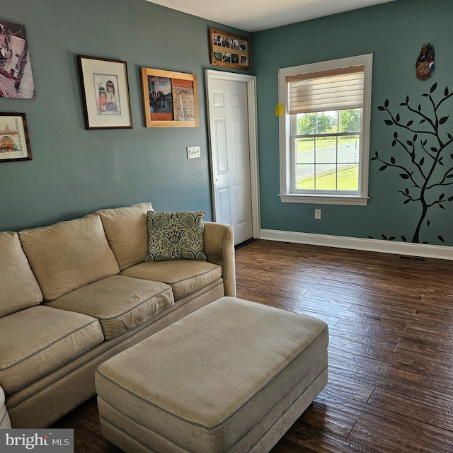 living room with dark hardwood / wood-style flooring