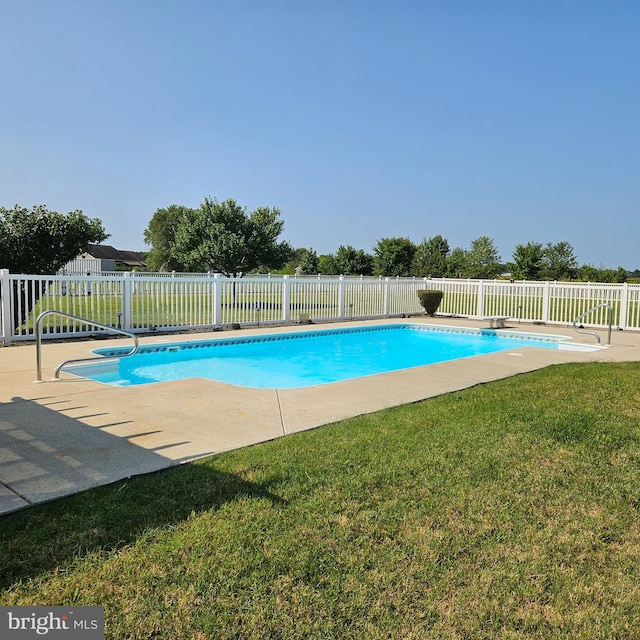 view of pool featuring a diving board and a yard