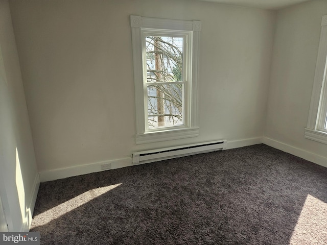 carpeted empty room featuring a baseboard radiator