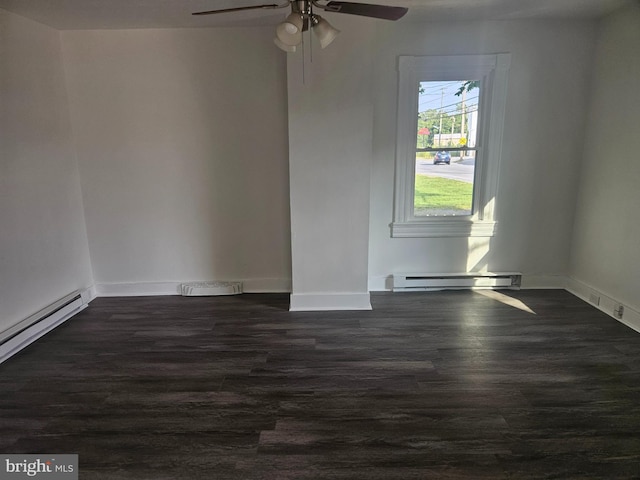 empty room with ceiling fan, dark hardwood / wood-style floors, and a baseboard radiator