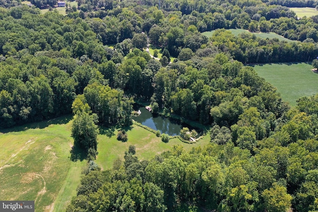 aerial view featuring a forest view and a water view