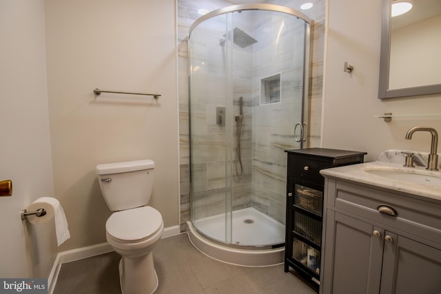 bathroom featuring tile patterned flooring, a shower stall, toilet, and vanity