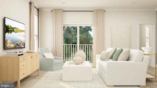 living area featuring light hardwood / wood-style floors and ornamental molding