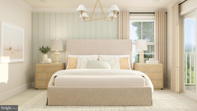 carpeted bedroom featuring a chandelier, multiple windows, and crown molding