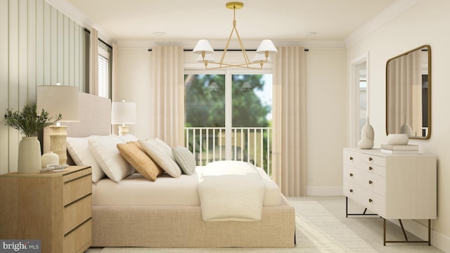 bedroom featuring access to exterior, light colored carpet, crown molding, and an inviting chandelier