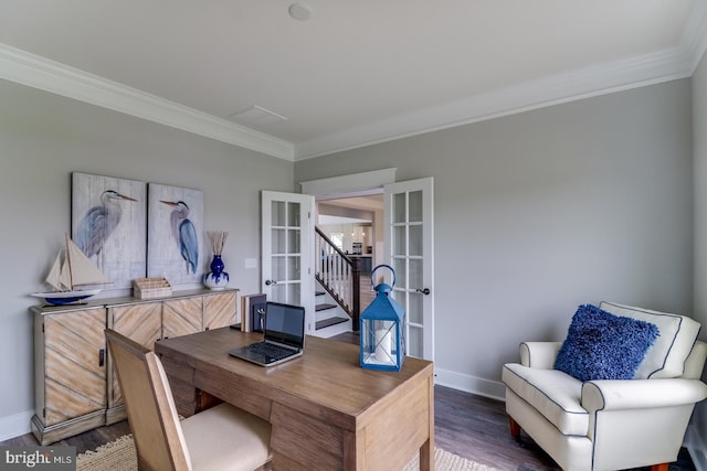 home office with crown molding, french doors, dark wood finished floors, and baseboards