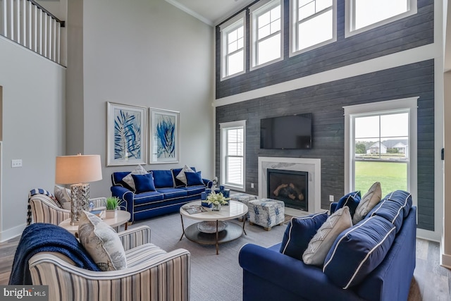 living room featuring high vaulted ceiling and hardwood / wood-style floors