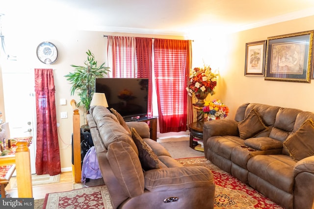 living room with ornamental molding and light hardwood / wood-style flooring