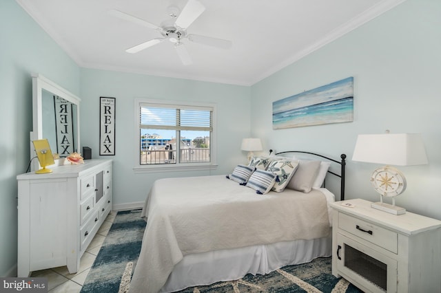 tiled bedroom featuring crown molding and ceiling fan