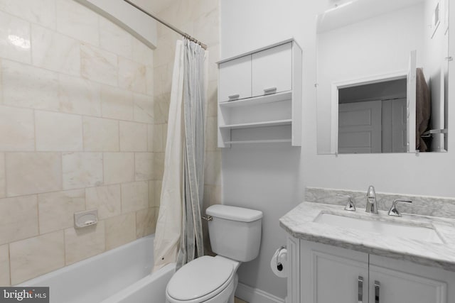 full bathroom featuring vanity, toilet, and shower / bathtub combination with curtain