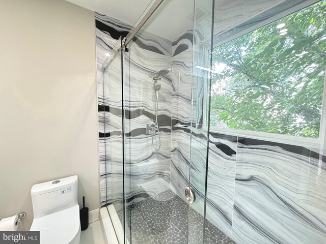 bathroom with toilet, a shower with shower door, and a healthy amount of sunlight