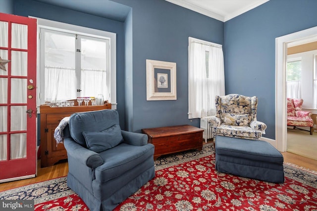 living area featuring ornamental molding and light wood-type flooring