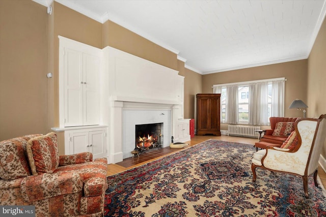 living area featuring radiator, light wood finished floors, a fireplace with flush hearth, and ornamental molding