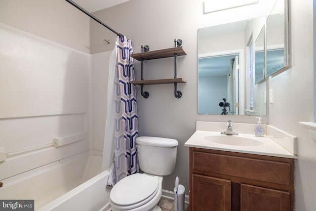 full bathroom featuring shower / bathtub combination with curtain, tile patterned flooring, vanity, and toilet