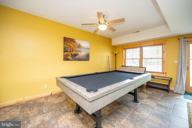 recreation room with visible vents, baseboards, a ceiling fan, and pool table