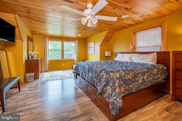 bedroom featuring wood ceiling, ceiling fan, and hardwood / wood-style flooring