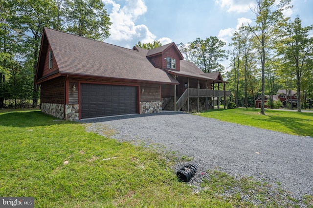 rustic home featuring roof with shingles, a front yard, a garage, stone siding, and driveway