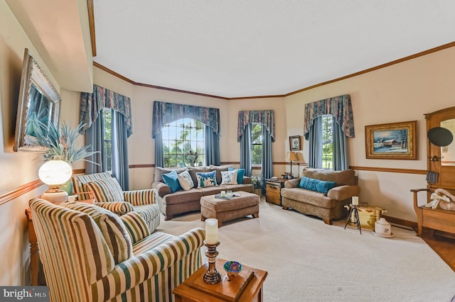 living room with a wealth of natural light and ornamental molding