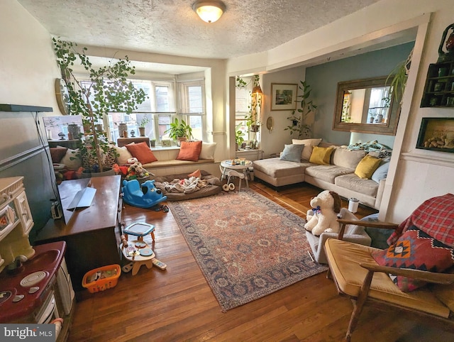 living room with a textured ceiling and hardwood / wood-style floors