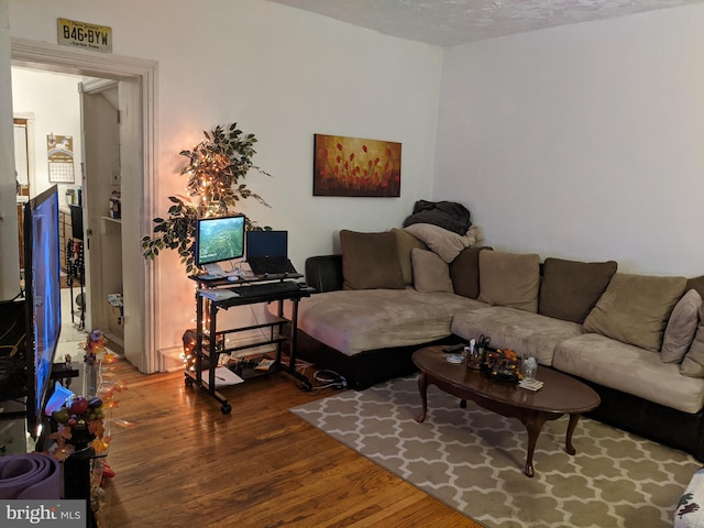 living room with a textured ceiling and dark hardwood / wood-style floors