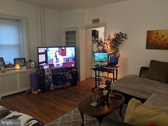 living room with dark hardwood / wood-style floors