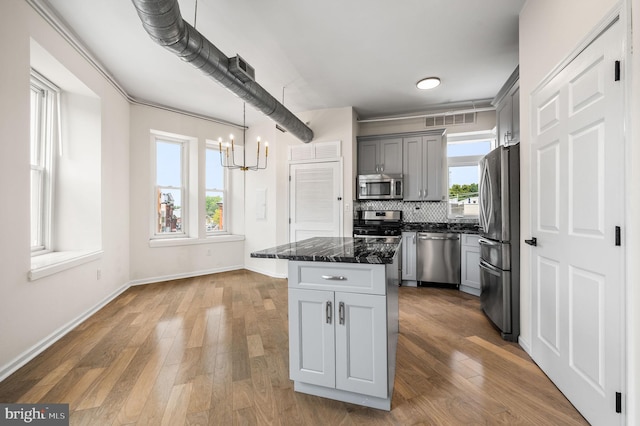 kitchen featuring a healthy amount of sunlight, gray cabinetry, wood-type flooring, and stainless steel appliances