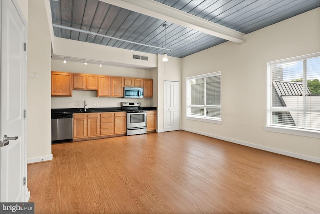 kitchen with stainless steel appliances, light hardwood / wood-style flooring, hanging light fixtures, and sink