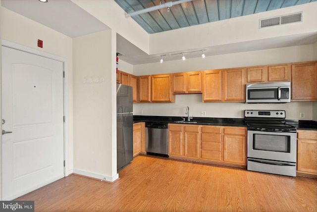 kitchen featuring light wood-type flooring, sink, appliances with stainless steel finishes, and track lighting