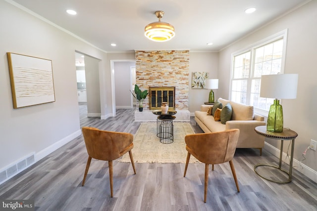 living room with ornamental molding, wood-type flooring, and a fireplace