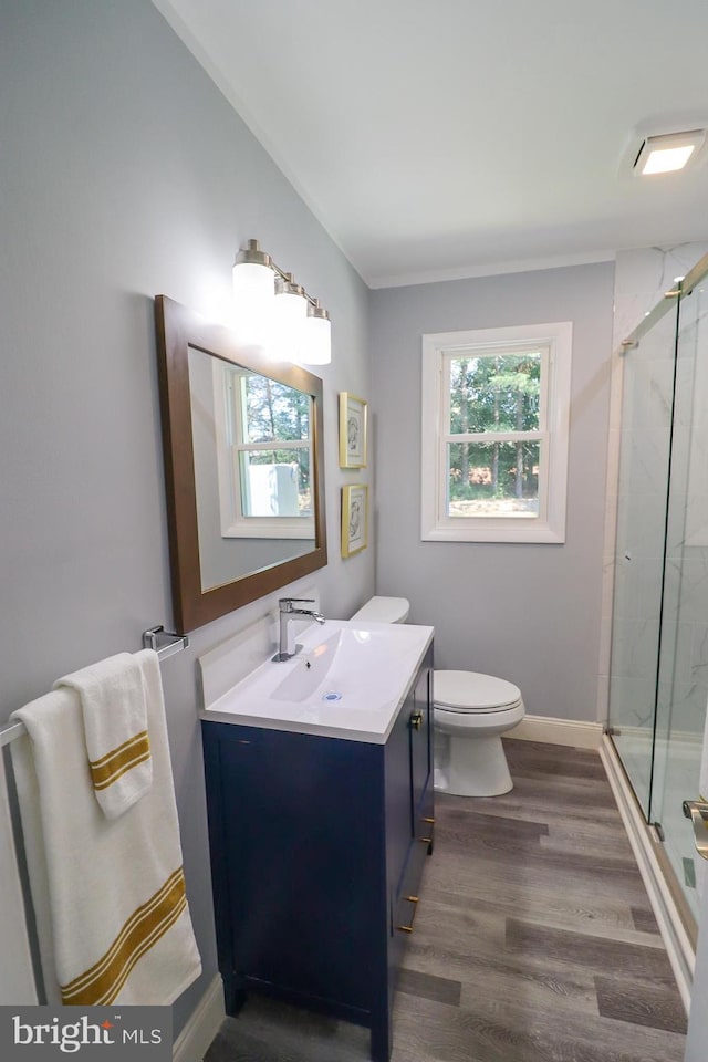 bathroom with vanity, toilet, hardwood / wood-style flooring, and walk in shower