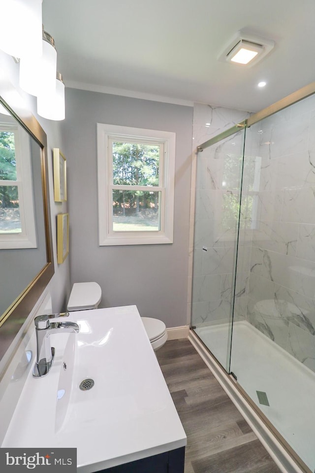 bathroom with vanity, toilet, a wealth of natural light, and hardwood / wood-style floors