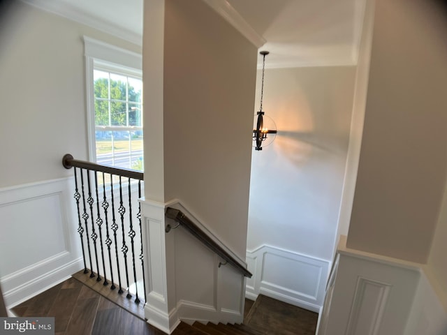 staircase with crown molding and hardwood / wood-style flooring