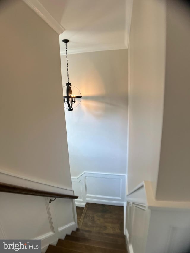 stairs featuring wood-type flooring and crown molding