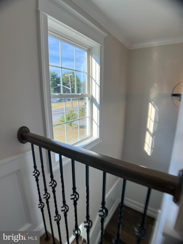 stairs featuring ornamental molding and hardwood / wood-style flooring