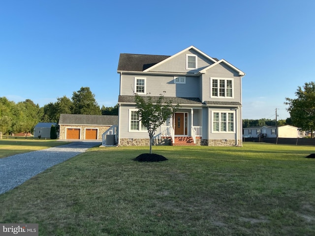 view of front facade featuring cooling unit, a garage, and a front lawn