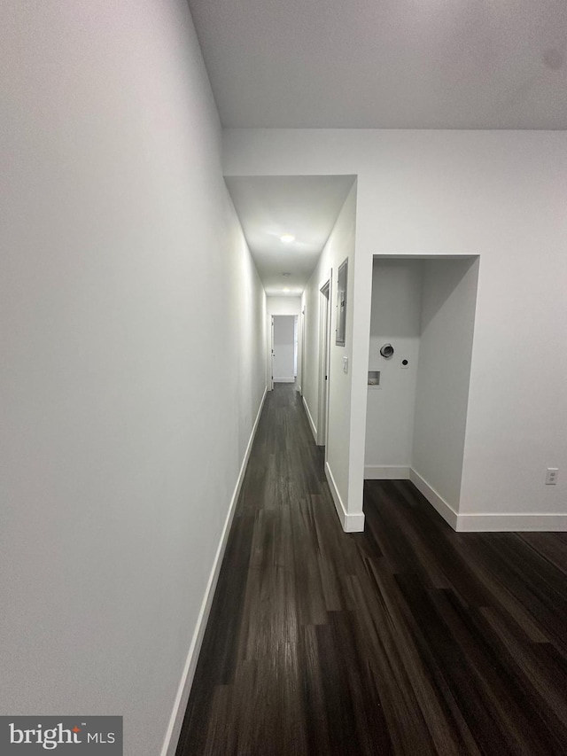 hallway with dark wood-type flooring