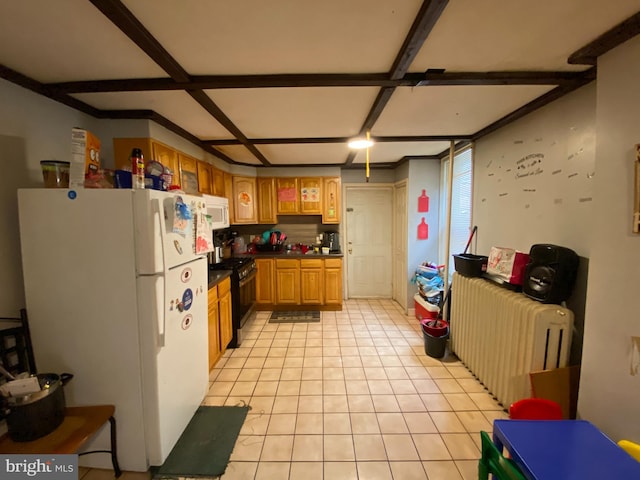 kitchen with coffered ceiling, white appliances, beamed ceiling, and light tile patterned flooring