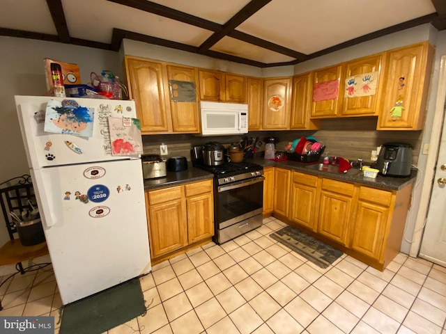 kitchen featuring beamed ceiling, light tile patterned floors, white appliances, and decorative backsplash