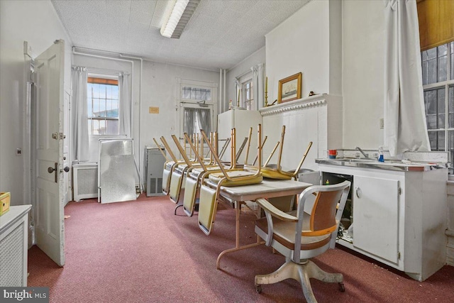 dining space featuring a textured ceiling and carpet