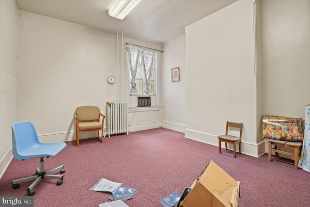 living area with radiator heating unit and carpet floors