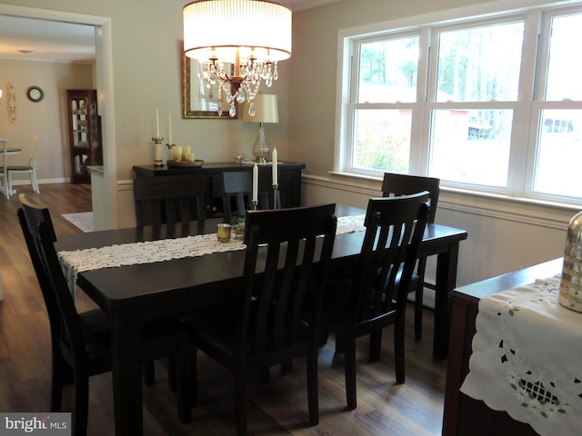 dining room with wood-type flooring and an inviting chandelier