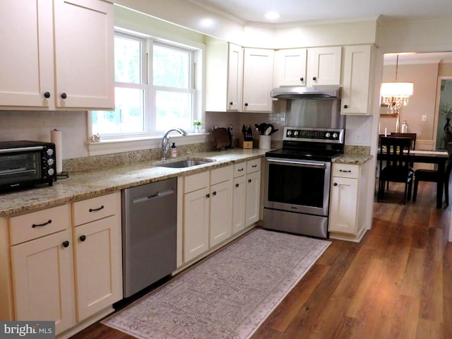 kitchen with white cabinets, backsplash, stainless steel appliances, dark hardwood / wood-style flooring, and sink