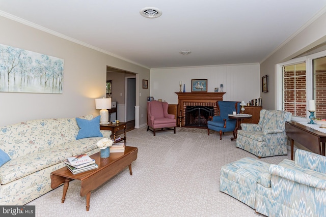 living room with carpet flooring, a fireplace, and crown molding