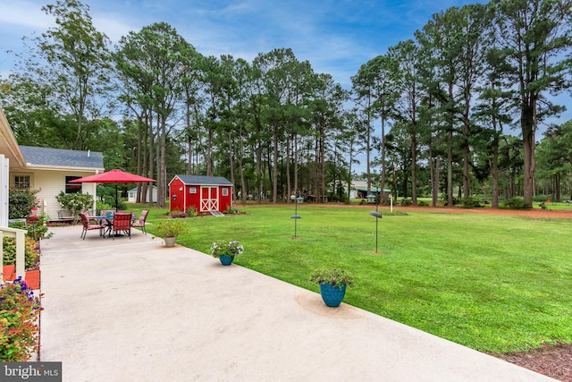 view of yard featuring a shed and a patio area