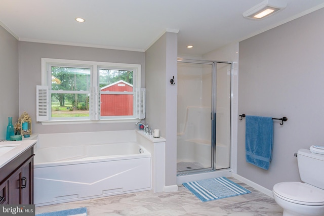 full bathroom with independent shower and bath, toilet, crown molding, and vanity