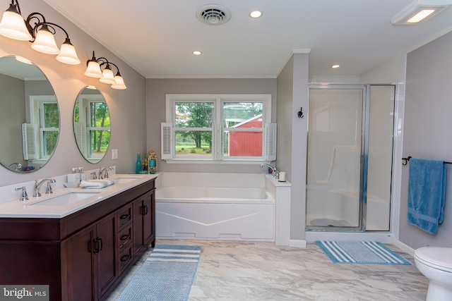 full bathroom with plus walk in shower, toilet, ornamental molding, and vanity