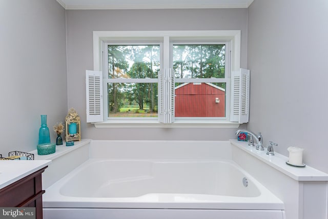 bathroom featuring vanity, a healthy amount of sunlight, and a tub