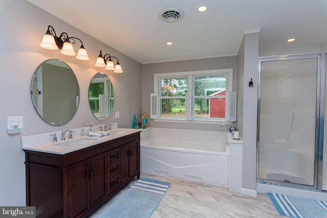 bathroom featuring crown molding, vanity, and plus walk in shower